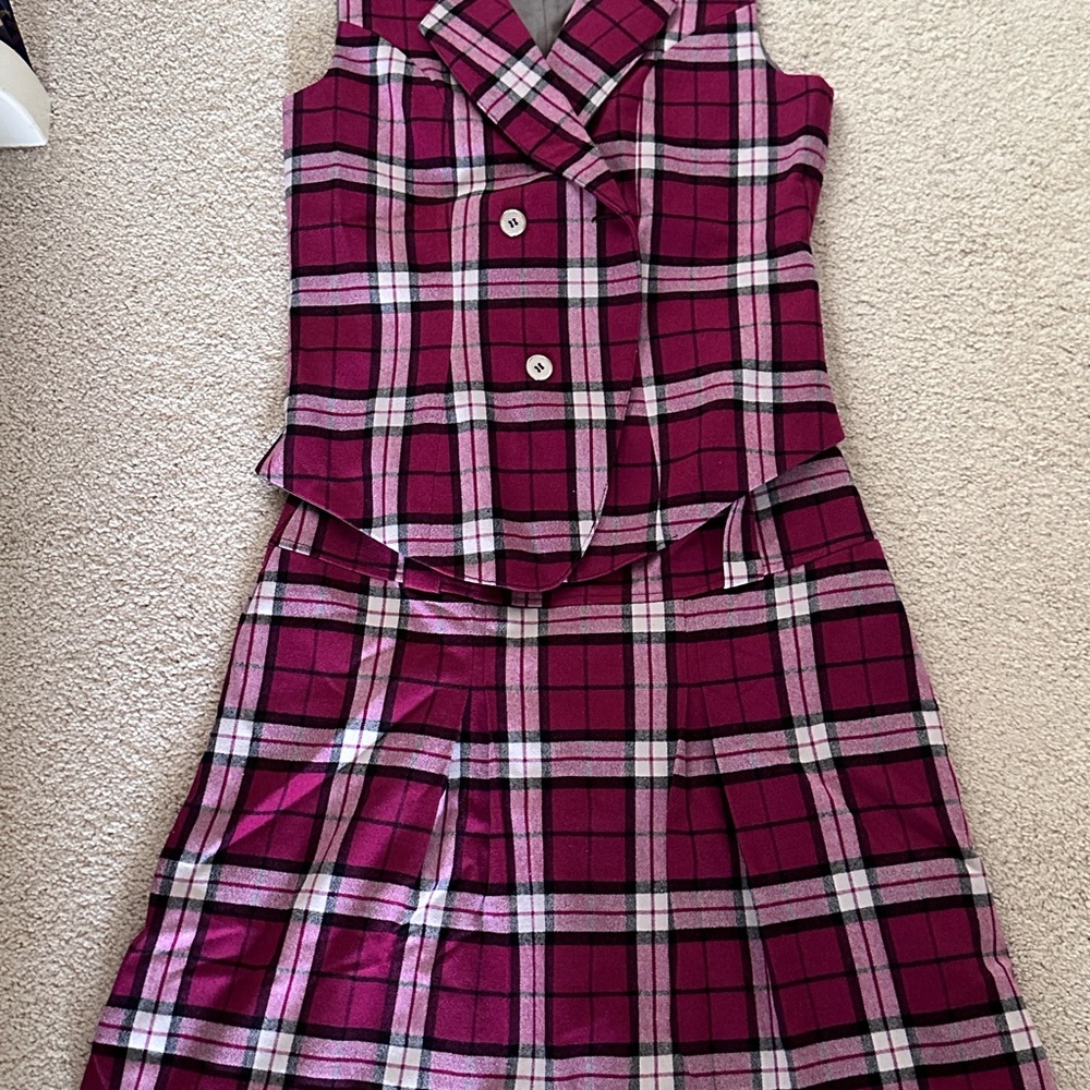 Magenta Plaid Two-Piece Vest & Skirt Set